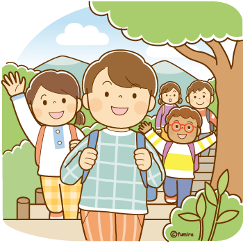 遠足で山道を歩いているこどもたちのイラスト350