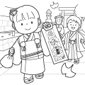 神社にお参りする七五三の子どもたちのイラストぬりえ
