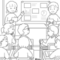 黒板の前に出て発表するこども2人と聞いている子どもたちのイラストぬりえ120