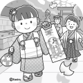 神社にお参りする七五三の子どもたちのイラストモノクロ