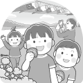 空を泳ぐこいのぼりと柏餅を食べるこどもたちモノクロ