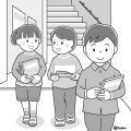 教室移動で廊下を歩いている小学生のイラストモノクロ