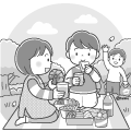 お花見をする子どもたちのイラストモノクロ120