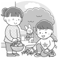 イースターエッグをあつめるこどもたちとイースターバニーのイラスト モノクロ