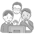 パソコンの画面に向かって話しかけている男子学生のイラストモノクロ