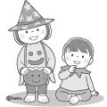 ハロウィンの仮装をする子どもたちのイラストモノクロ