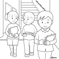教室移動で廊下を歩いている小学生のイラストぬりえ