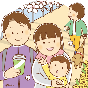 散歩をしながら桜を見る人々のイラスト350