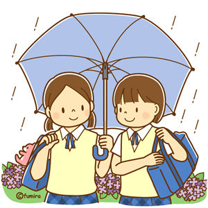 雨の日の中学生のイラスト