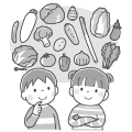 指定野菜とこどものイラストモノクロ