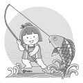 鯉を釣り上げる金太郎さん(モノクロイラスト)