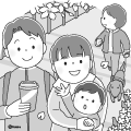 散歩をしながら桜をながめている家族のイラスト(モノクロ)