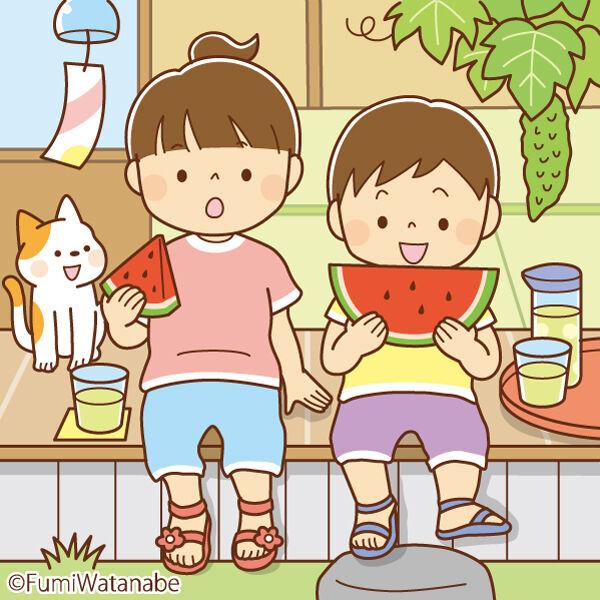 クリップアート スイカを食べる子どもたちのイラスト 子供と動物のイラスト屋さん イラストレーターわたなべふみ のブログ