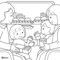 電車で旅行に行く家族のイラストぬりえ