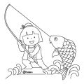 鯉を釣り上げる金太郎さん(ぬりえイラスト)