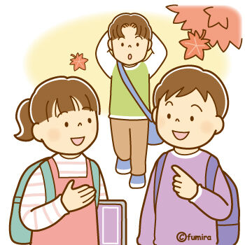 秋 おしゃべりしながら通学する子どもたちのイラスト350