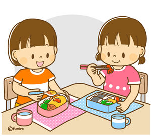 ともだちとお弁当を食べる女の子のイラスト