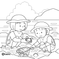 磯遊びをする子どもたちのイラストぬりえ
