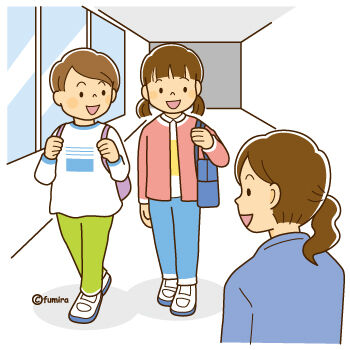 廊下で先生に挨拶する女の子のイラスト
