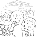 空を泳ぐこいのぼりと柏餅を食べるこどもたちぬりえ
