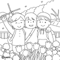 春の遠足に行った子どもたちのイラストぬりえ