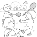公園でバトミントンをする子供たちのイラストぬりえ
