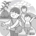 金木犀の花を見て喜ぶ子どもたちのイラストモノクロ