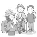 小学生とおばあちゃんたちのイラストモノクロ