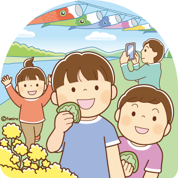 空を泳ぐこいのぼりと柏餅を食べるこどもたち350