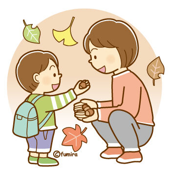 どんぐりをひろう保育士さんとこども350