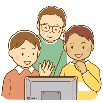 パソコンの画面に向かって話しかけている男子学生のイラスト350