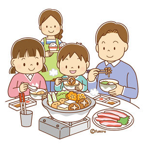 鍋物を囲む家族のイラスト