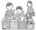ごみの分別をする子どもたちモノクロ