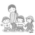 おさんぽする子どもたちのイラストモノクロ