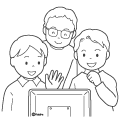 パソコンの画面に向かって話しかけている男子学生のイラストぬりえ