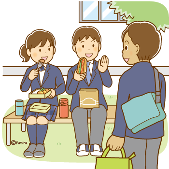 外でランチを食べている学生のイラスト350