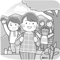 遠足で山登りをしている子どもたちのイラスト(モノクロ)