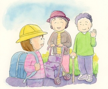 小学生とおばあちゃんたちのイラスト水彩
