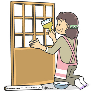 障子の張り替えをする人のイラスト