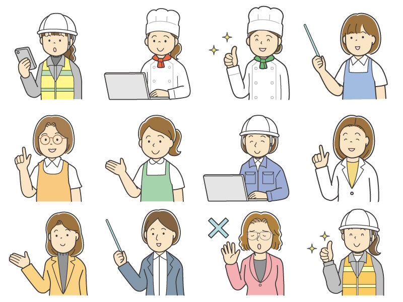 いろいろな職業の働く女性のイラスト(上半身ポーズ)