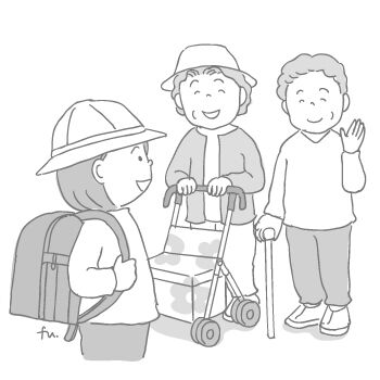 小学生とおばあちゃんたちのイラストラフ