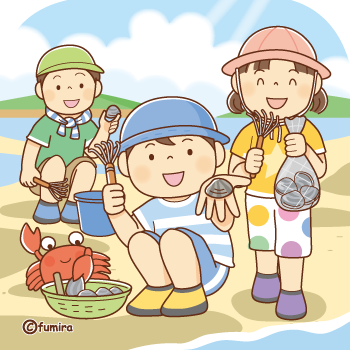 潮干狩りをする子どもたちのイラスト350