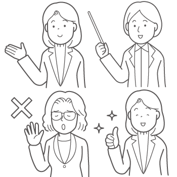 スーツ姿の説明する女性のイラスト(ぬりえ)
