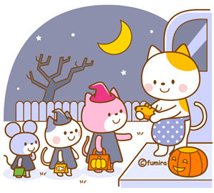 ハロウィンのお菓子をもらうネコたちのイラスト2