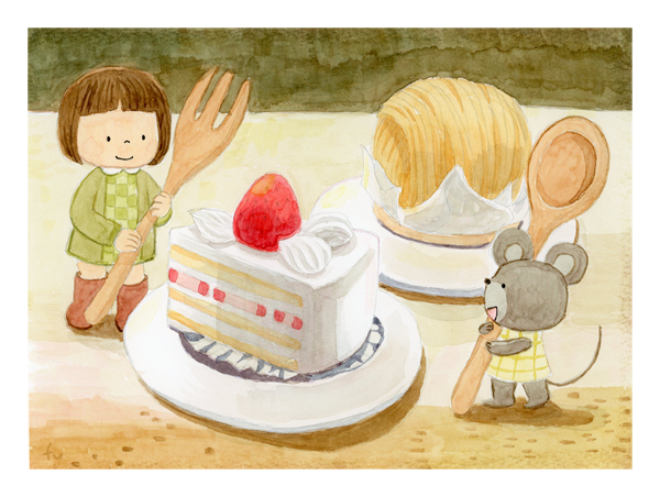 こどもとケーキとねずみのイラスト(水彩)600