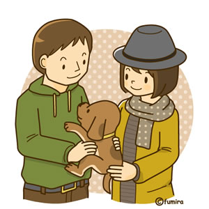 仔犬とカップルのイラスト