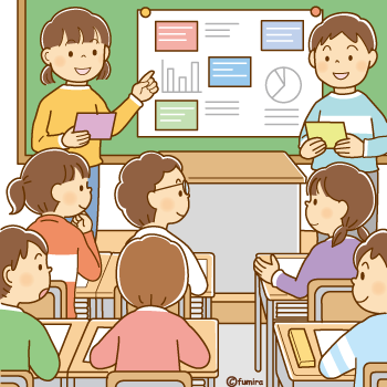 黒板の前に出て発表するこども2人と聞いている子どもたちのイラスト350