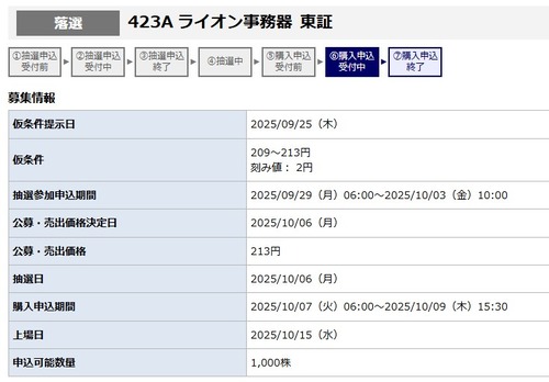 ★IPO★ 423A ライオン事務器    抽選結果！
