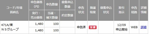 ★IPO★ 471A  NSグループ    抽選結果！
