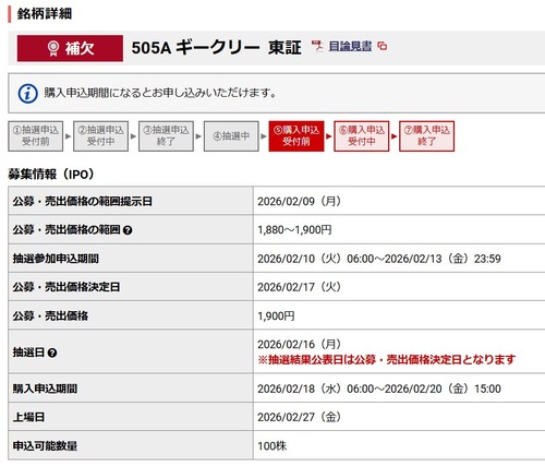 ★IPO★ 505A   ギークリー  抽選結果！